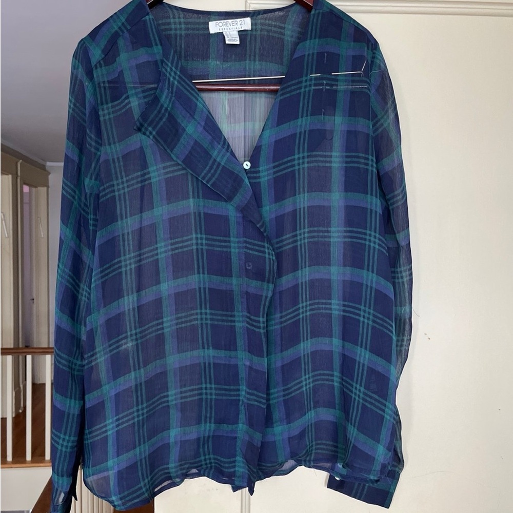 Forever 21 Plaid Button Fancy Top Blouse L Large